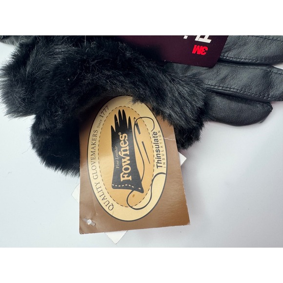 Vintage Fownes Leather Gloves Black Faux Fur Trim Thinsulate Insulation Women's - Picture 3 of 7